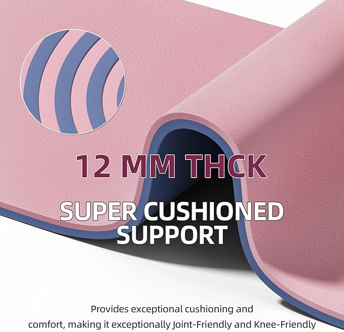 Extra Thick 12mm TPE Exercise Yoga Mat with Strap, 1/2 Inch Non-slip Workout Mat for gymnastics, Pilates, Home, Workout, Gym Floor Fitness
