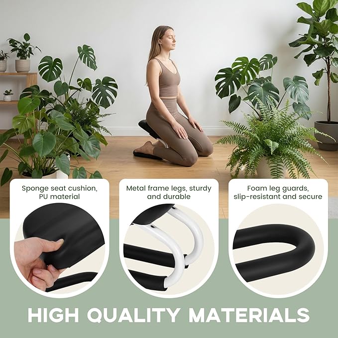 Meditation Bench Black, Metal Kneeling Stool, Seiza Bench with Cushion, Kneeling Meditation Stool，Adjustable Ergonomic Prayer Chair for Home Yoga Studio Portable Non-Slip