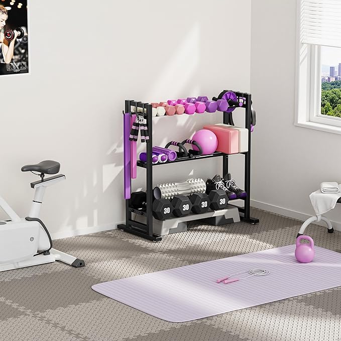 niffgaff 3 Tier Adjustable Dumbbell Rack with Hooks, Extended Base Weight Storage for Home Gym – Holds Up to 450 lb, Space-Saving Fitness Equipment Organizer (Rack Only)