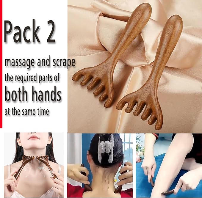 Wooden Self Care Facial Reflexology Hand Self-Massage for Head, Neck and Back, Set of 2 Wood Massage Tools