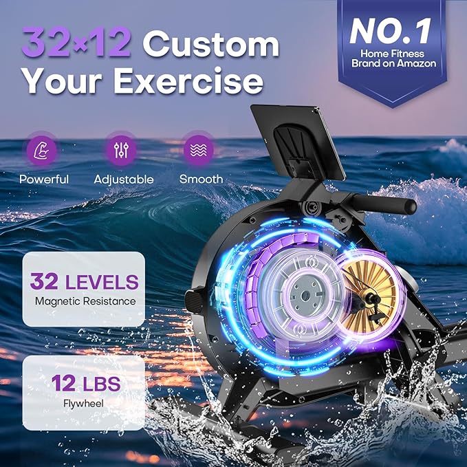 Rowing Machines for Home, 32-Level Adjustable Resistance, Magnetic Rowing Machine with App Supported, 400 LB Weight Capacity, Upgraded Dual Slide Rails with LCD Data Display Screen