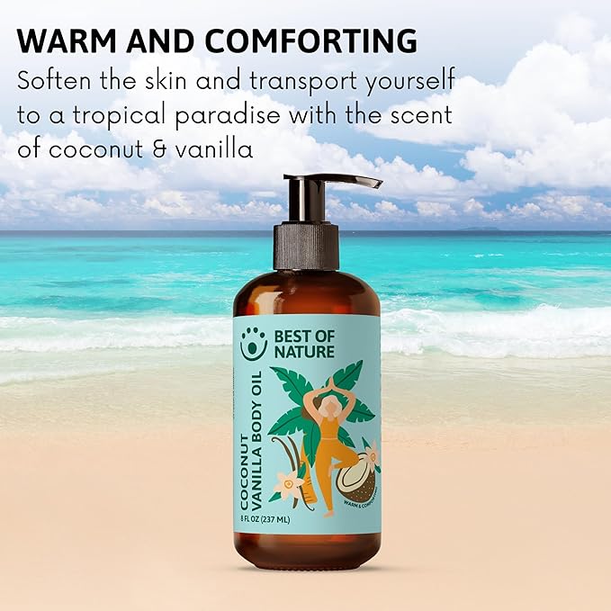 Best of Nature Coconut Vanilla Massage Oil – Lightweight Body Oil for Smooth, Silky Skin, Soft Coconut Vanilla Scent, Ideal for At-Home Massage & Daily Moisturizing, 8 fl oz