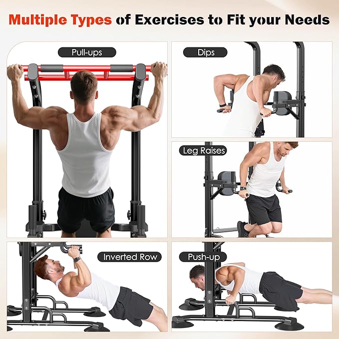 DlandHome Pull Up Bar Power Tower Dip Station, Height Adjustable Heavy Duty Workout Dip Stand, Multi-Functional Strength Training Machine for Men Women Home Gym