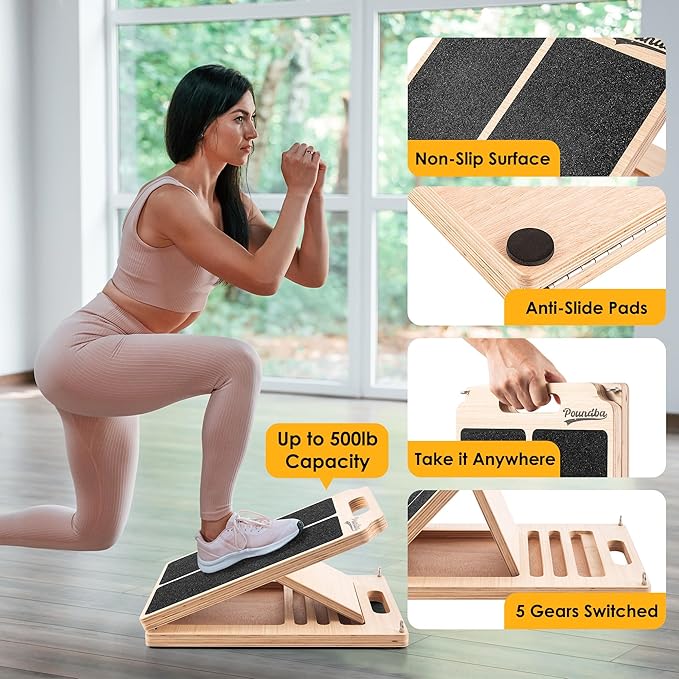 Wooden Slant Board for Calf Stretching, Adjustable Portable Incline Board with 10 - pound Pull Rope, Comes with Training Poster, 300 Lbs Weight Capacity for Leg, Knees and Ankle Stretching