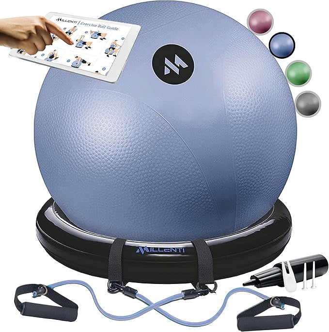 Millenti Exercise Ball Chair 65cm - Yoga Ball Chair Stability Base Ring Kit & Fitness Resistance Bands For Home, Gym Bundle, Pilates Ball, Office Chair, Birthing Ball For Pregnancy - With Workout Chart