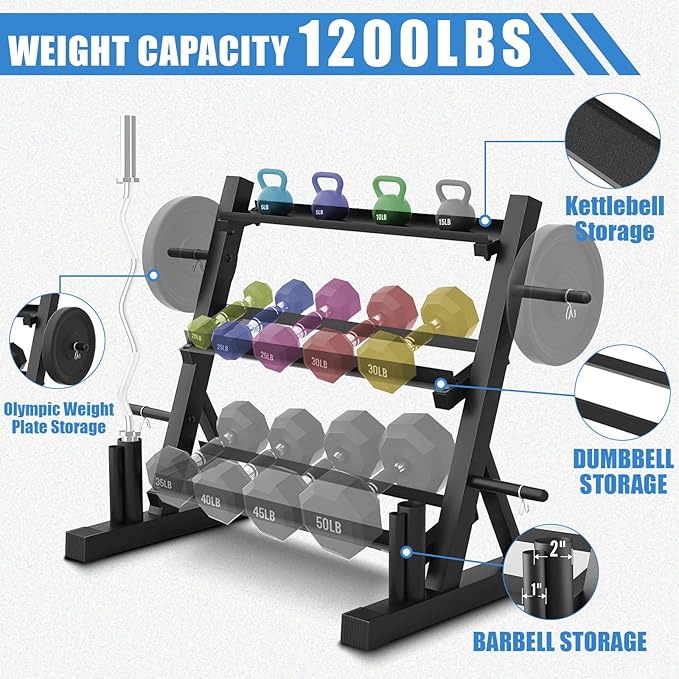 PROOFGOLD 1200LBS 3-Tier Dumbbell Rack, Adjustable Weight Rack Stand for Home Gym, Weight Holder for Free Weights Dumbbells/Weight Plates/Kettlebells/Barbells(Rack Only)