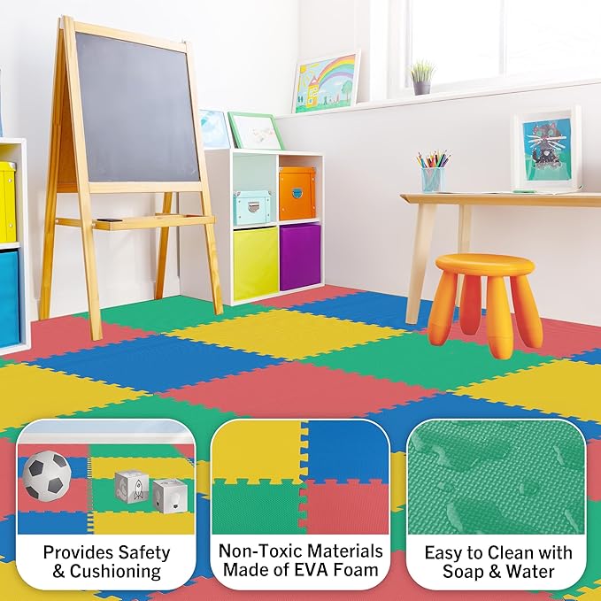 EVA Foam Mat Tiles 4-Pack - 16 SQ FT Interlocking Padding for Playroom or Gym Flooring - Workout Mat or Baby Playmat by Stalwart (Multicolor)