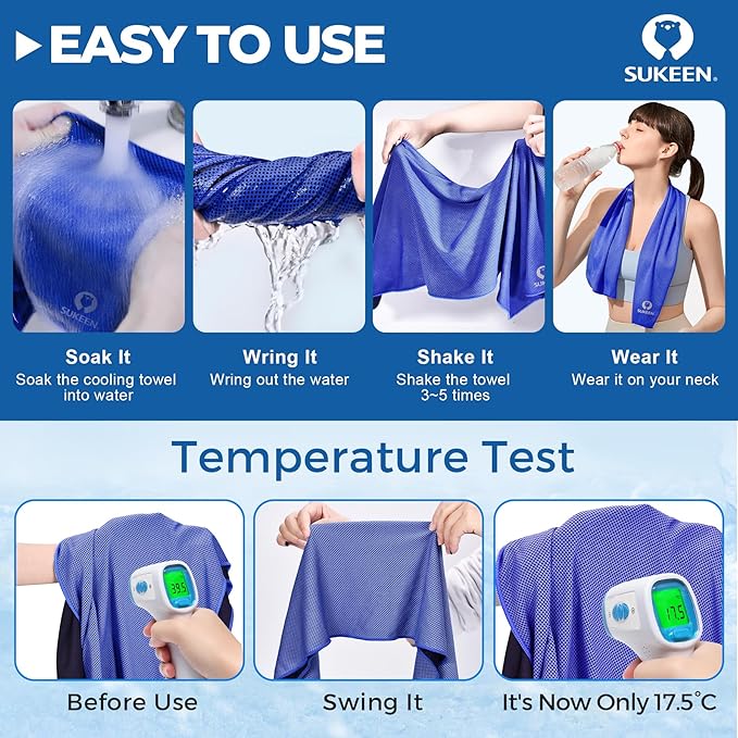 Sukeen Cooling Towels 8 Pack (40"x 12"), Cooling Towels for Neck and Face, Microfiber Breathable Towel for Hot Weather, Sweat Towel for Gym, Sport, Yoga, Golf, Workout, Camping, Running