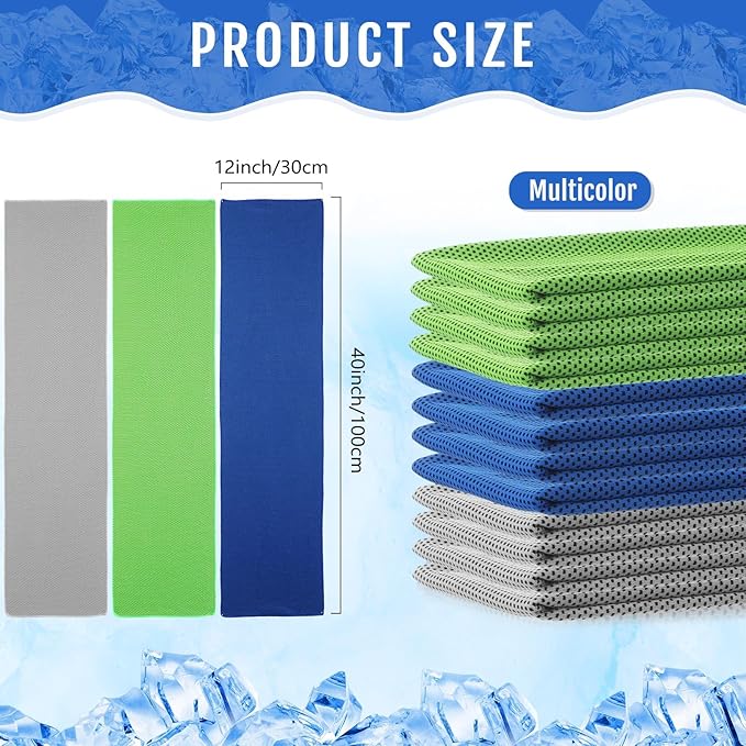 Hosuly 12 Pieces Cooling Towels for Hot Weather Soft Breathable Cold Towel Yoga Towels for Sweat, Sports, Workout, Fitness, Gym, Running, Travel Camping, 12 x 40 Inch (Dark Blue, Light Gray, Green)