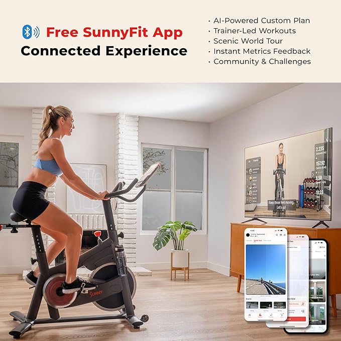 Sunny Health & Fitness Smart Magnetic Cycling Bike with Free SunnyFit App Connection, Stationary Indoor Cardio Exercise Equipment