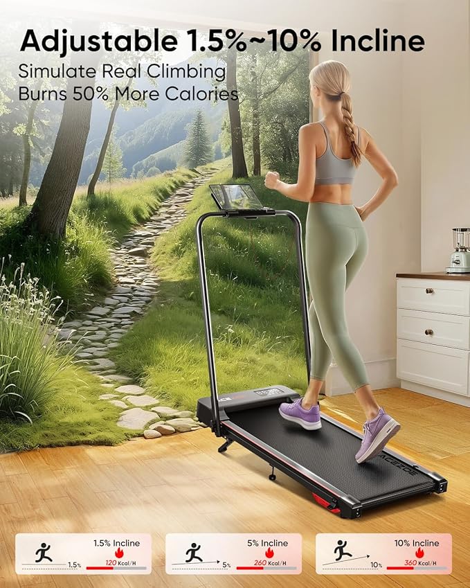 Walking pad Treadmill with Incline & Handle Bar, Folding Treadmill for Home Small Spaces, Compact Portable Under Desk Treadmill,Dual LED Display, 2.5Hp Quiet Running pad, APP, 300 lbs Capacity