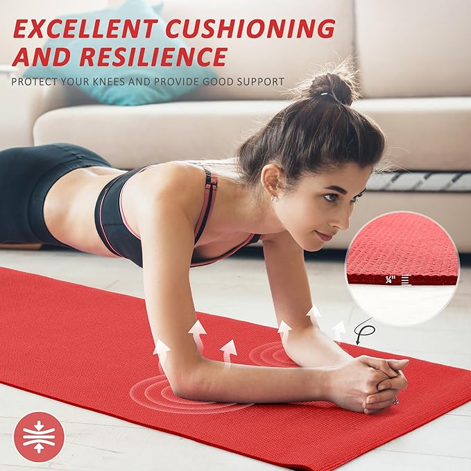 Signature Fitness All Purpose 0.25 Inch Thick High Density No Tear Exercise Yoga Mat with Strap & Lightweight Features for Indoor & Outdoor Use, Red