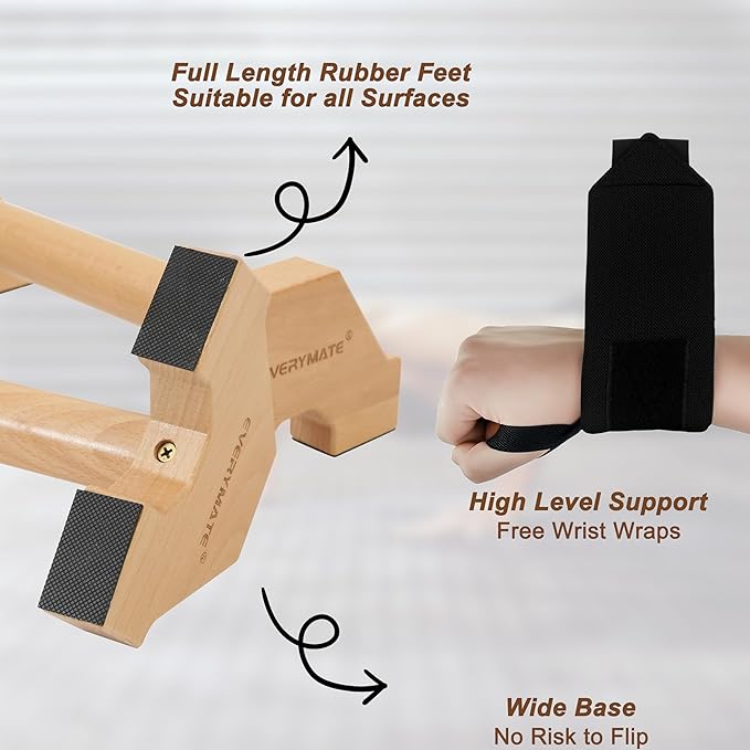 EVERYMATE Wood Push Up Bars Parallettes Bars with Rubber Feet, Anti-slip Handstand Bars for Calisthenics, Equipment for Home, Push Up Handles for Floor, Handstand Push Up Handles, Support 600 LB