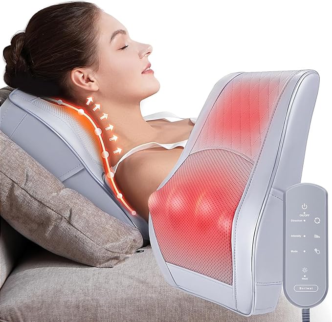 Boriwat Neck and Shoulder Massager with Heat, Shiatsu Massage Pillow with 3D Deep Tissue Kneading for Back Legs Foot Body Pain Relief,at Home Office Car, for Mom & Dad