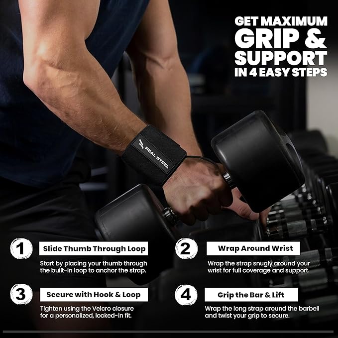 Real Steel Heavy-Duty Wrist Wraps for Weightlifting Men & Women - 24" Gym Wraps with Thumb Loop - Wrist Straps for Weightlifting Support, Powerlifting, and Strength Training - Workout Support Braces