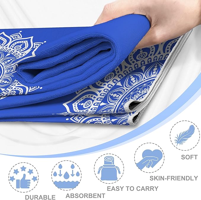 Yoga Towel,Absorbent Yoga Mat Towel for Hot Yoga Non Slip,Stylish Prints,Ideal for Workouts,Hot Yoga,Bikram,Pilates Equipment,72 x 27 in,Blue Mandala