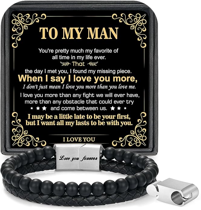LUXEJEW Gifts for Men - Beaded Leather Bracelet 6mm Matte Agate Stone Bracelets for Men Dad Son Husband Boyfriend Grandpa Grandson Brother Uncle Nephew Adjustable Magnetic Clasp