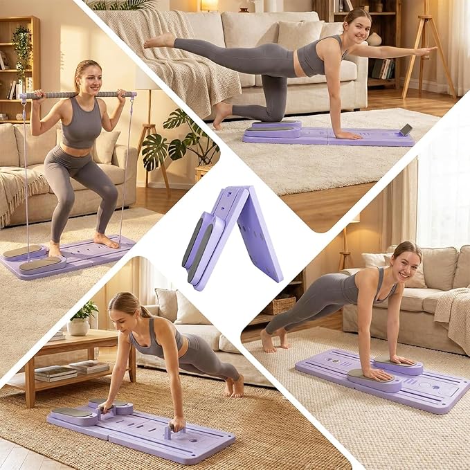 Pilates Board Set - Pilates Reformer, Multi-Foldable Pilates Reformer Set, Portable Pilates Reformer, Trainer Machine for Home Workout with Timer, Ab, Core, Fitness, Exercise (Purple)