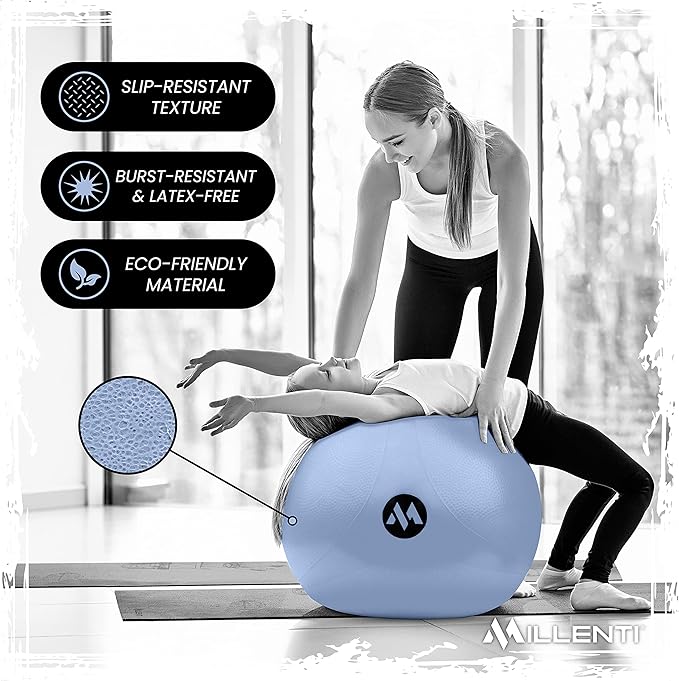 Millenti Exercise Ball Chair 65cm - Yoga Ball Chair Stability Base Ring Kit & Fitness Resistance Bands For Home, Gym Bundle, Pilates Ball, Office Chair, Birthing Ball For Pregnancy - With Workout Chart