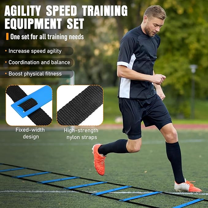 Agility Ladder, Agility Speed Training Equipment Set, 20ft Speed Ladder, 12 Soccer Cones, 4 Hurdles, Jump Rope, Running Parachute, Soccer Football Basketball Training Equipment Accessories