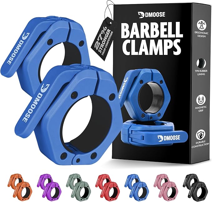 DMoose Fitness Barbell Clips 2 Inch (Pair) - Quick Release Olympic Barbell Clamps & Collars with Anti Slip TPR Grip for Secure Weightlifting and Powerlifting - Weight Clips for Bars at Home or Gym