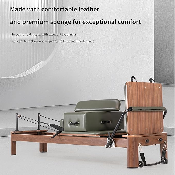 Foldable Oak Wood Pilates Reformer Machine with Reformer Box & Jump Board for Home, Studio, Gym & Yoga - 12-Level Resistance, Adjustable Shoulder Pad, Lightweight Aluminum Frame & PU Leather Carriage