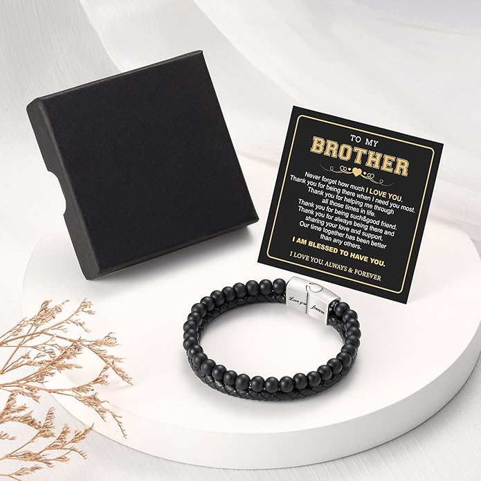 LUXEJEW Gifts for Men - Beaded Leather Bracelet 6mm Matte Agate Stone Bracelets for Men Dad Son Husband Boyfriend Grandpa Grandson Brother Uncle Nephew Adjustable Magnetic Clasp
