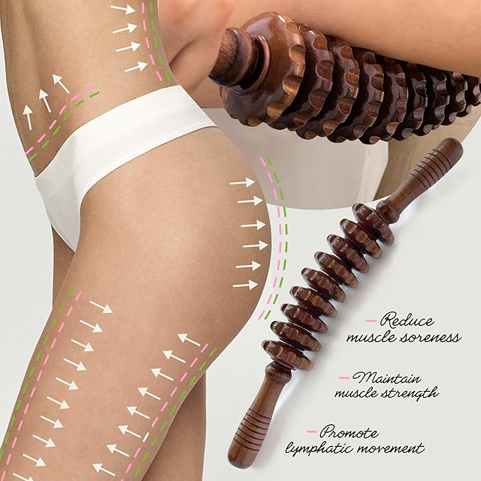 Wooden Curved Manual Massage Stick, 9 Roller Handheld Trigger Point Massager for Fascia, Cellulite, Muscle & Abdomen, Body Therapy Massager, Belly Relief Tool (Brown)