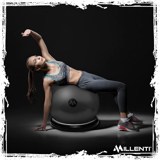 Millenti Exercise Ball Chair 65cm - Yoga Ball Chair Stability Base Ring Kit & Fitness Resistance Bands For Home, Gym Bundle, Pilates Ball, Office Chair, Birthing Ball For Pregnancy - With Workout Chart