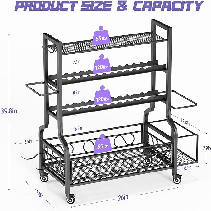 PARTPHONER Adjustable Dumbbell Rack, Weight Rack for Home Gym Storage, Home Gym Storage for Stores Dumbbells, Kettlebells and Yoga Mats, All in One Workout Storage Racks with Wheels and Hooks, Durable Powder Coated Steel