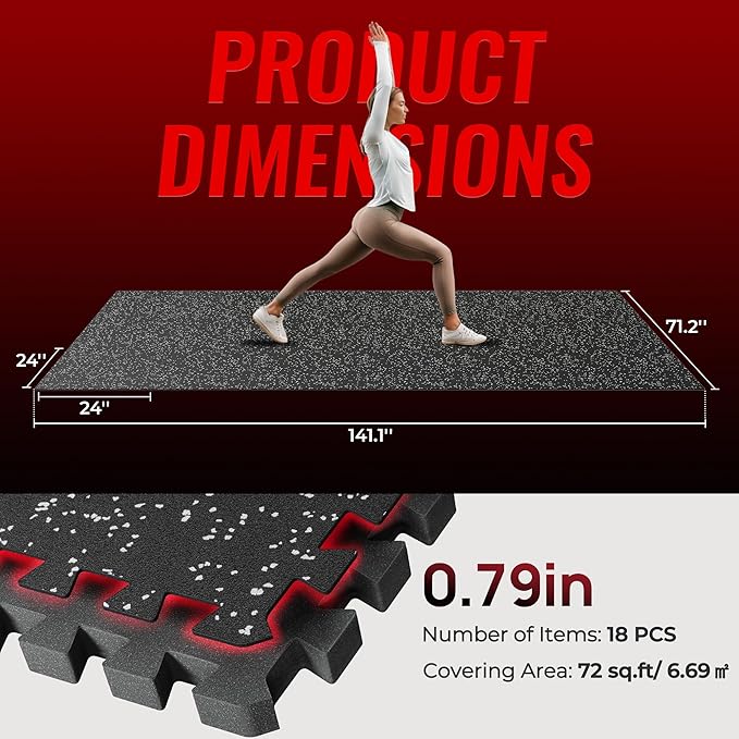 SUPERJARE 0.79'' Extra-Thick Exercise Equipment Mats, 18 Pcs 72 Sq Ft Rubber Top Floor Tiles with High Density EVA Foam, Interlocking Gym Flooring for Home Gym, Workout Mat, Black/Grey