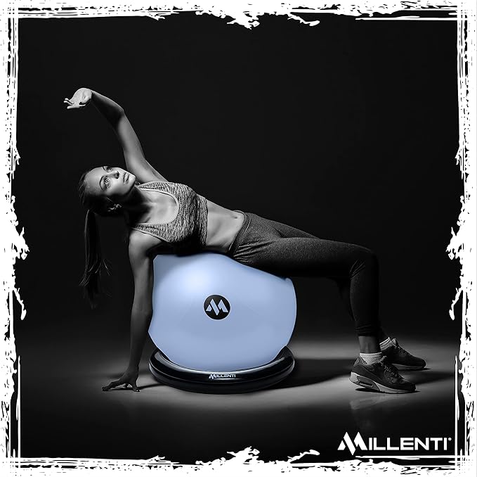 Millenti Exercise Ball Chair 65cm - Yoga Ball Chair Stability Base Ring Kit & Fitness Resistance Bands For Home, Gym Bundle, Pilates Ball, Office Chair, Birthing Ball For Pregnancy - With Workout Chart