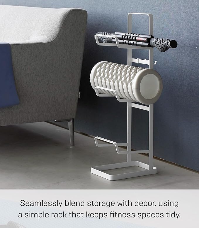 YAMAZAKI Home Tower Steel Storage Rack for Yoga Mats & Foam Rollers - Includes Hooks for Fitness Accessories - Steel