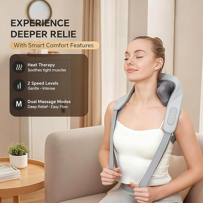 Shiatsu Neck and Shoulder Massager with Heat, Cordless Rechargeable, Hand-Free/Handheld, Deep Tissue Pain Relief for Trapezius, Portable for Home/Office/Travel, Ideal Gift for Women/Men
