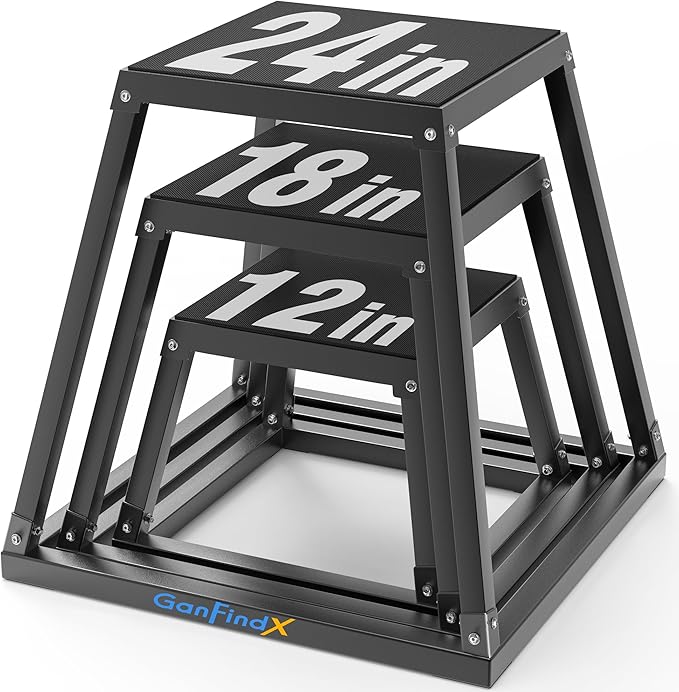 GanFindX Plyometric Jump Box Set, 12/18/24 Inch Steel Plyo Box, Heavy Duty Plyometric Platform with Anti Slip Surface, Fitness Exercise Step Up Box for Home Gym Training, Agility and Strength Conditioning