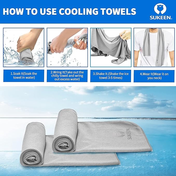 Sukeen Cooling Towel (40"x12"),Ice Towel,Soft Breathable Chilly Towel for Yoga,Sport,Running,Gym,Workout,Camping,Fitness,Workout &More Activities, Blue/Purple/Dark Blue/Pink/Green/Grey/White/Lake Blue