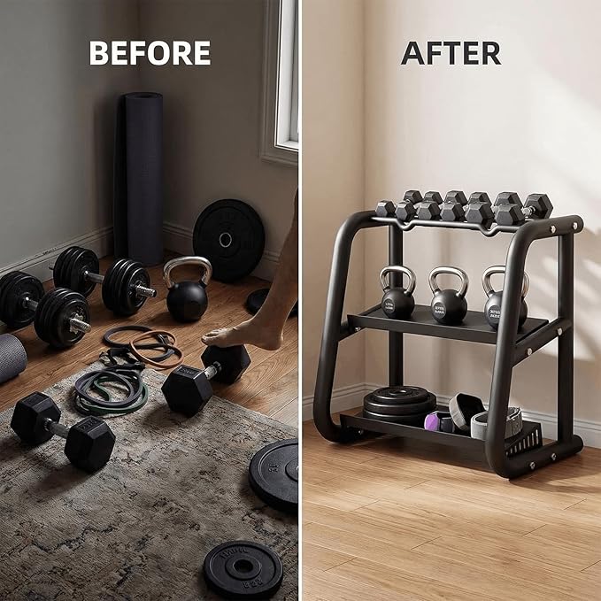 3-Tier Dumbbell Rack, Weight Rack for Dumbbells, Home Gym Storage for Dumbbells Kettlebells Yoga Mat and Balls, All in One Workout Storage, Powder Coated Finish Steel