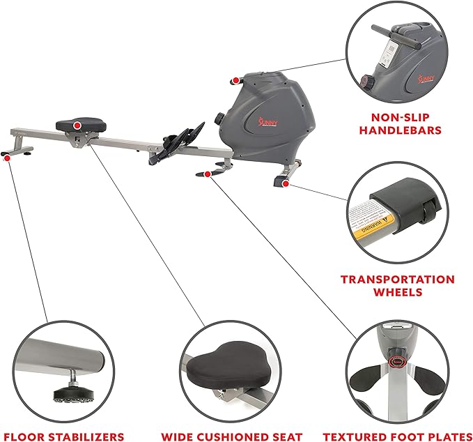 Sunny Health & Fitness Foldable Magnetic Rower, Long Rail & Extended Inseam Range for Home Cardio Workout, Free SunnyFit Training App, Optional Footplate for Standing Exercises