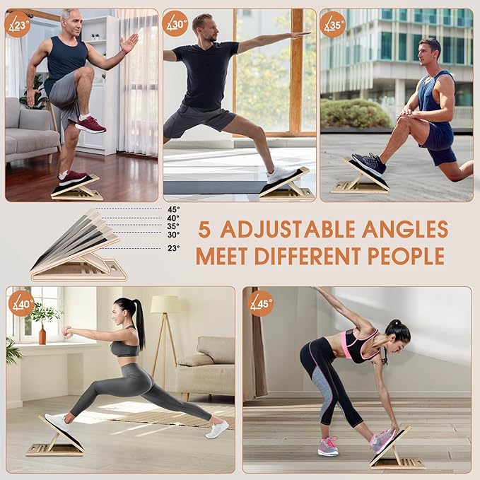 Incline Board for Calf Stretching Exerciser, Wooden Portable Adjustable Angles Slant Board, Anti-Slip Leg Muscle Stretcher for Thigh, Calf, Knee, Feet