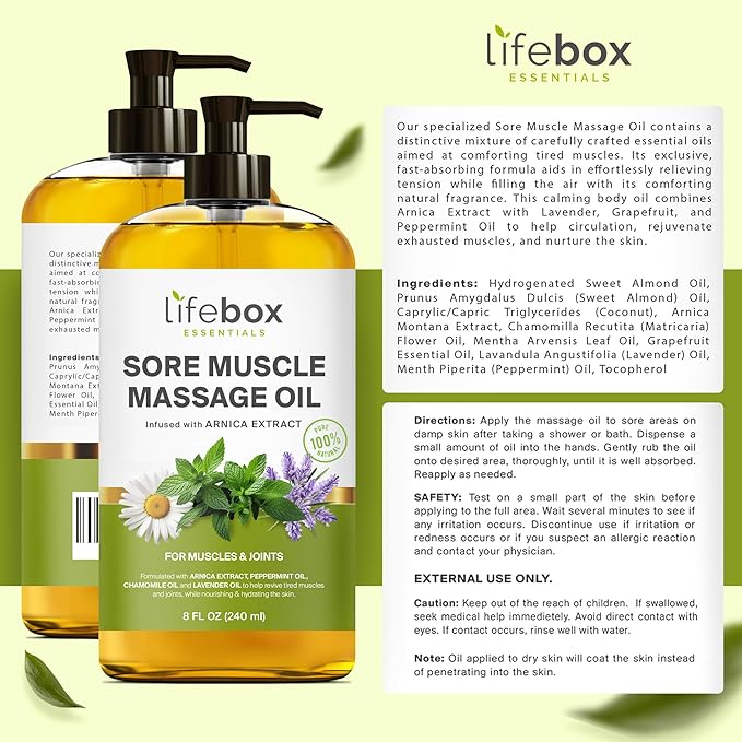 Arnica Sore Muscle Massage Oil – 100% Pure & Natural - Massage Therapy for Muscles & Joints – Body Oil Infused with Arnica Extract, Lavender, Peppermint & Chamomile Oils – 8 FL OZ