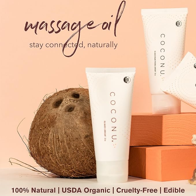 Coconu Organic Coconut Massage Oil for Couples - Edible Body Oil Safe for Sensitive Skin | Date Night Massage | Unscented | USDA Certified Organic | Made in USA | 3 oz