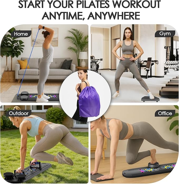 Pilates Board for Home Workout,Foldable Multifunctional Pilates Reformer Set with Timer,Resistance Bands & Storage Bag,Portable Pilates Equipment for Abs,Core & Full-Body Exercise