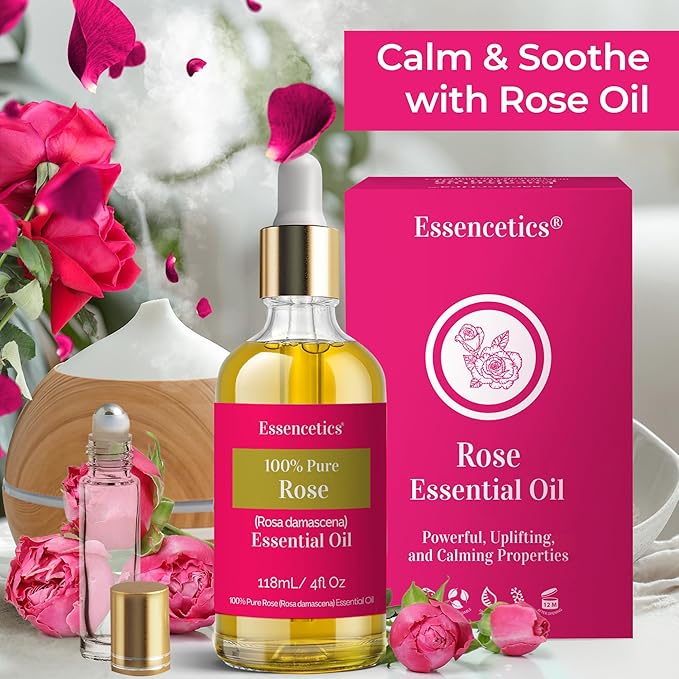 Rose Essential Oil 4 Oz - 100% Natural - Infused with Olive & Sunflower Oils - Organic Rose Oil for Skin, Soap Making, Candle Making, Diffuser, & Aromatherapy