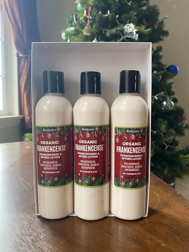 Frankincense & Myrrh Organic Hand, Body & Massage Lotion Gift Box 3 Pack Holiday Christmas Gifts, Hand Cream, Stocking Stuffer, Self Care, Massage