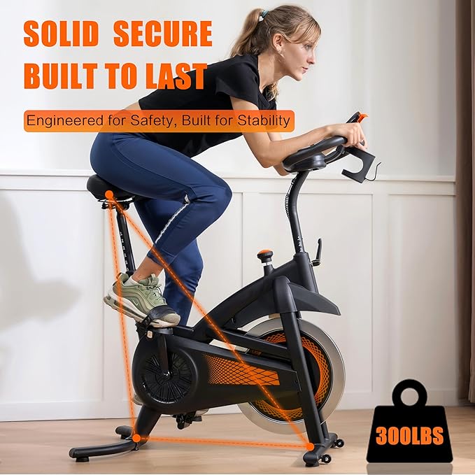 Exercise Bike, Wool Felt Brake Pad Stationary Bike - Quiet Belt Drive Indoor Cycling Bike for Home Cardio, Adjustable Handlebar & Extra Soft Seat, Digital LED Monitor with 300lb Weight Capacity