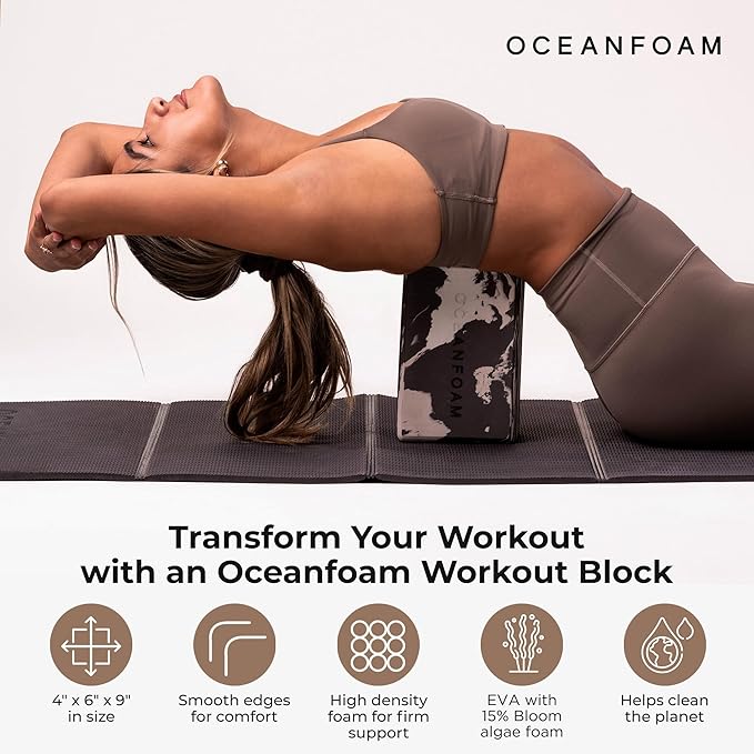 Oceanfoam Workout Block - High-Density Foam Exercise Block, Lightweight, Non-Slip for Stability & Support in Pilates, Yoga, Stretching & More - Algae-based EVA Foam, 9"x6"x4" (Black Marbled)