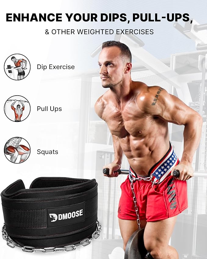 DMoose Fitness Dip Belt for Weight Lifting, Pullup, Squats & Dips - 36" Robust Steel Chain, Comfortable Neoprene Padding Supports 350lbs - Gym Weight Belt for Strength Training Workout & Weightlifting