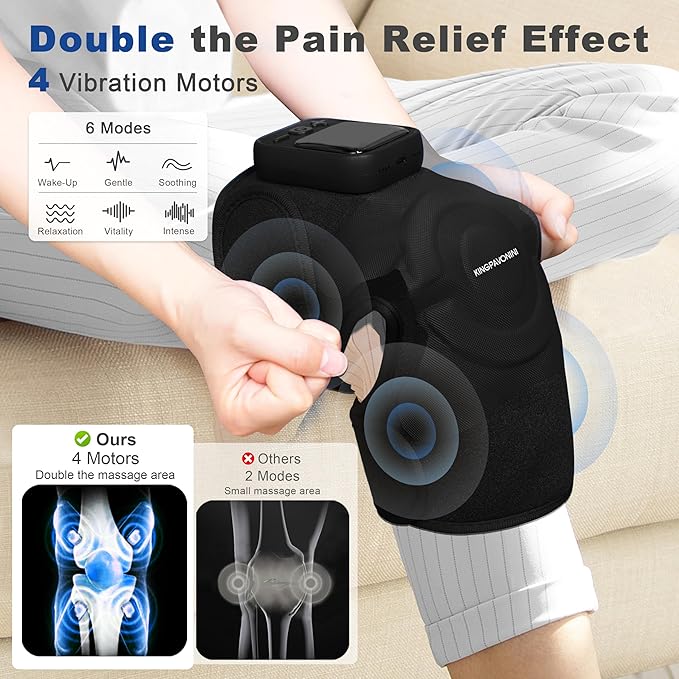 KingPavonini Cordless Knee Massager for Pain Relief, Newly 4 Motors Vibration, 5 Heat Levels, 6 Massage Modes, Knee Heating Pad for Knee Pain, Heated Knee Massager Brace, for Mom Dad (Black 2.0)
