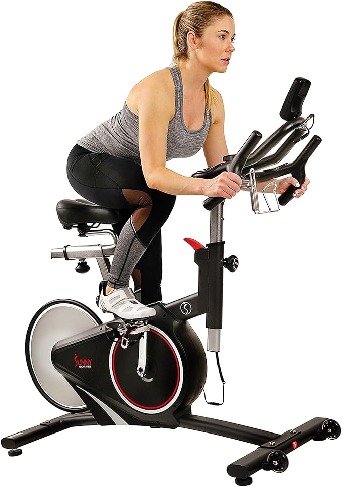 Sunny Health & Fitness Indoor Intensive Cycling Exercise Bike, Adjustable Cardio Training Exerciser w/Emergency Brake for Home, Optional Free SunnyFit App Bluetooth Link + Electromagnetic Resistance