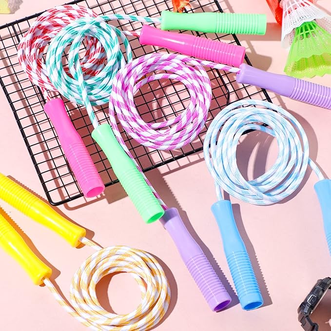 Aoriher Jump Rope for Kids Nylon Adjustable Weighted Braided Fitness Skipping Stripe Ropes with Plastic Handles 8.2 Feet for End of The School Exercise Sport Party Equipment Gift, Assorted Colors